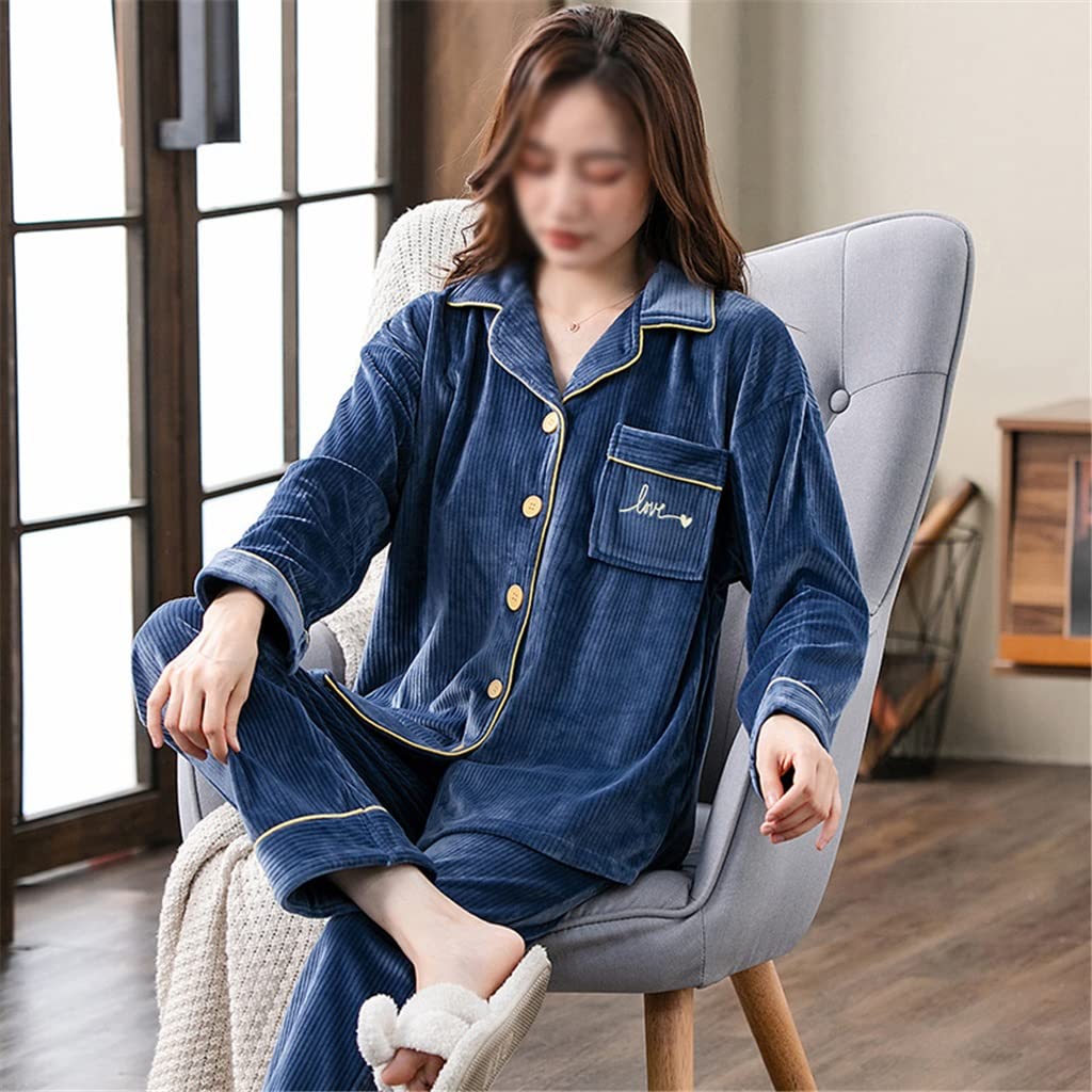 ZXLIHS Damen Winter-Pyjama-Set, dick, warm, Loungewear, Pyjama, Heimhose, warme Heimkleidung, Anzug (Farbe: Blau, Größe: L-Code) (Blauer XXL-Code)