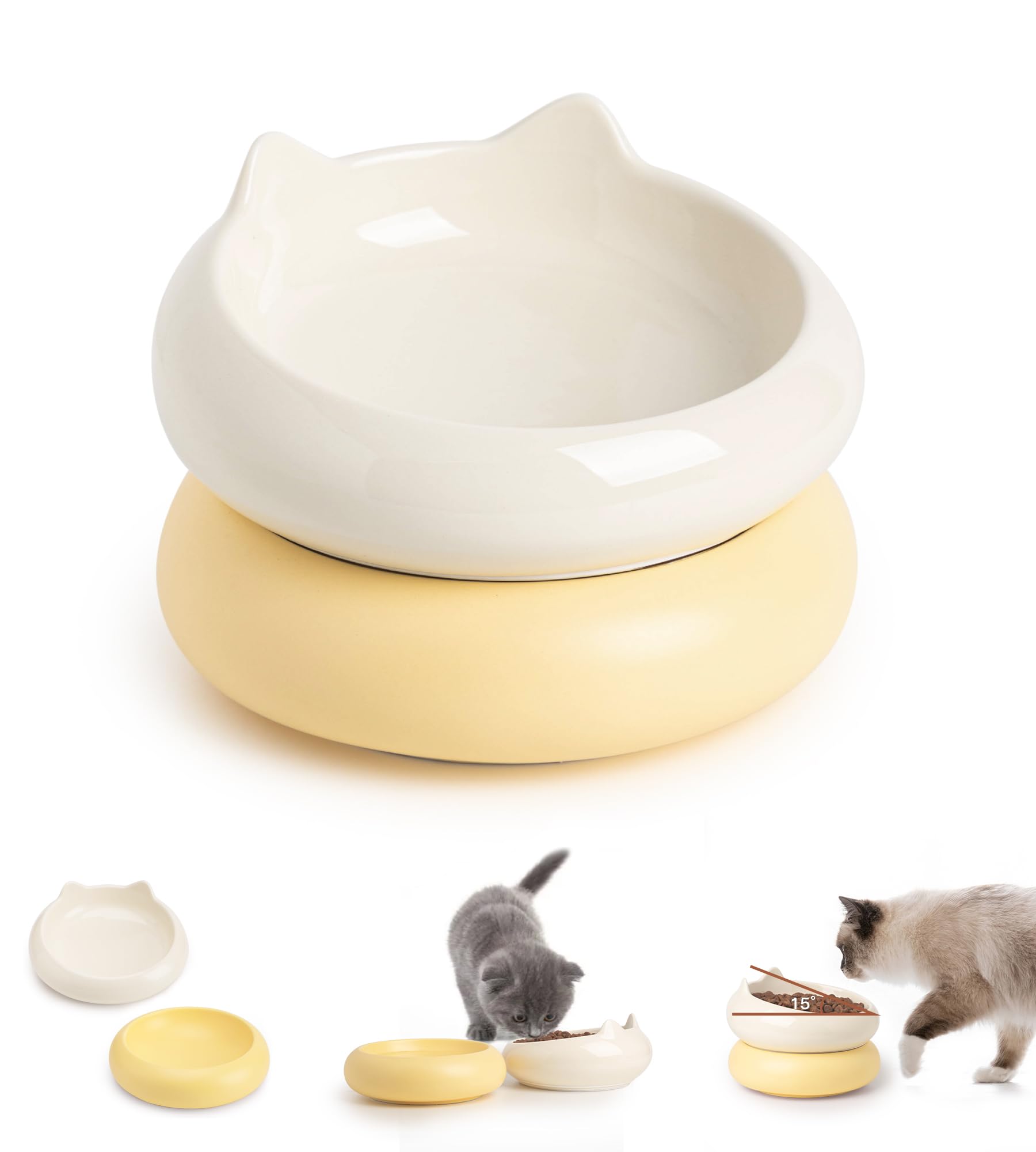 Cat Bowl, Ceramic Cat Bowls Food and Water Bowl Set, Whisker Friendly Cute Kitten Food Bowls for Protecting Pet's Spine, Beige & Yellow