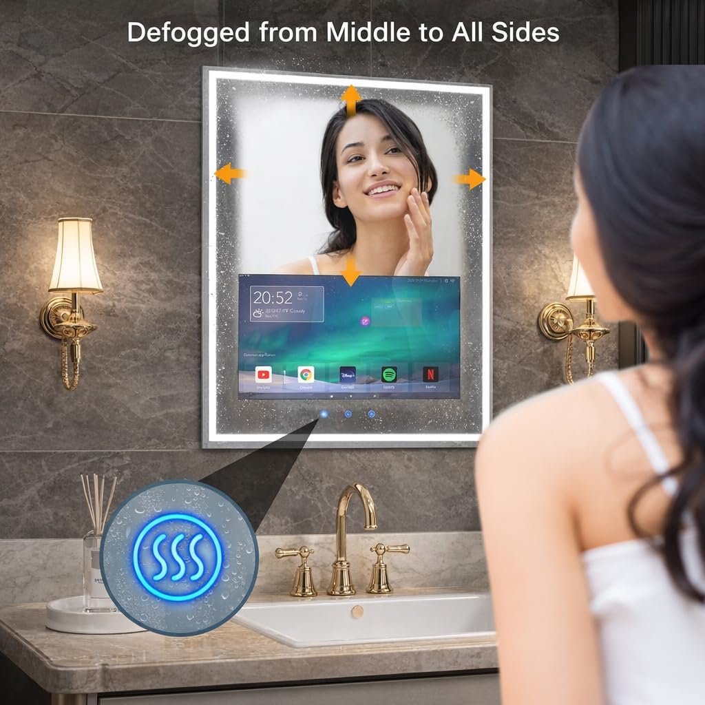 Haocrown 24x32 Inch Smart Bathroom Mirror with 21.5" Hidden Touchscreen, Android System, Built-in Speakers, Clock & Weather, 3 Color Dimmable LED, Anti-Fog, WiFi Bluetooth HDMI, Wall Mounted