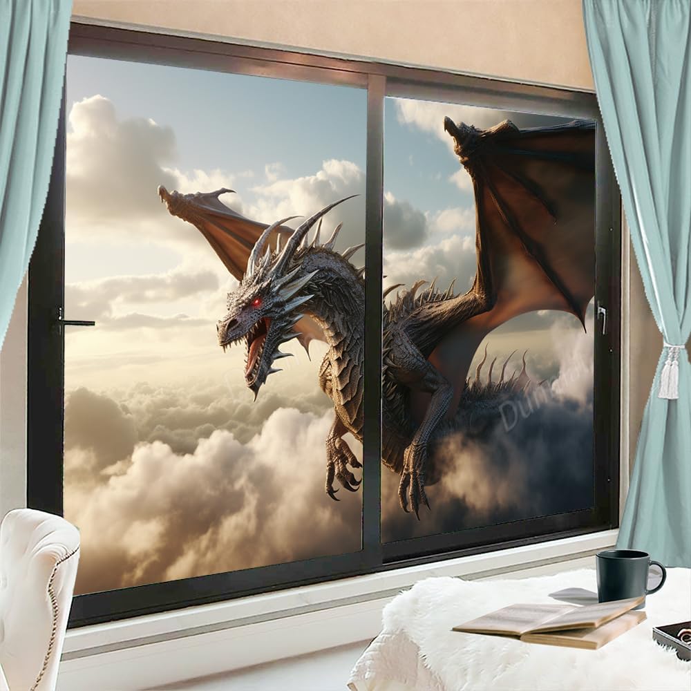 Rustic Clouds Dragon Frosted Window Film Coverings Vintage Traditional Animal Window Privacy Film Self-Adhesive Glass Film Decorative Sticker Frosted for Home Bathroom 27.6Wx47.2L-inch x2 Pcs