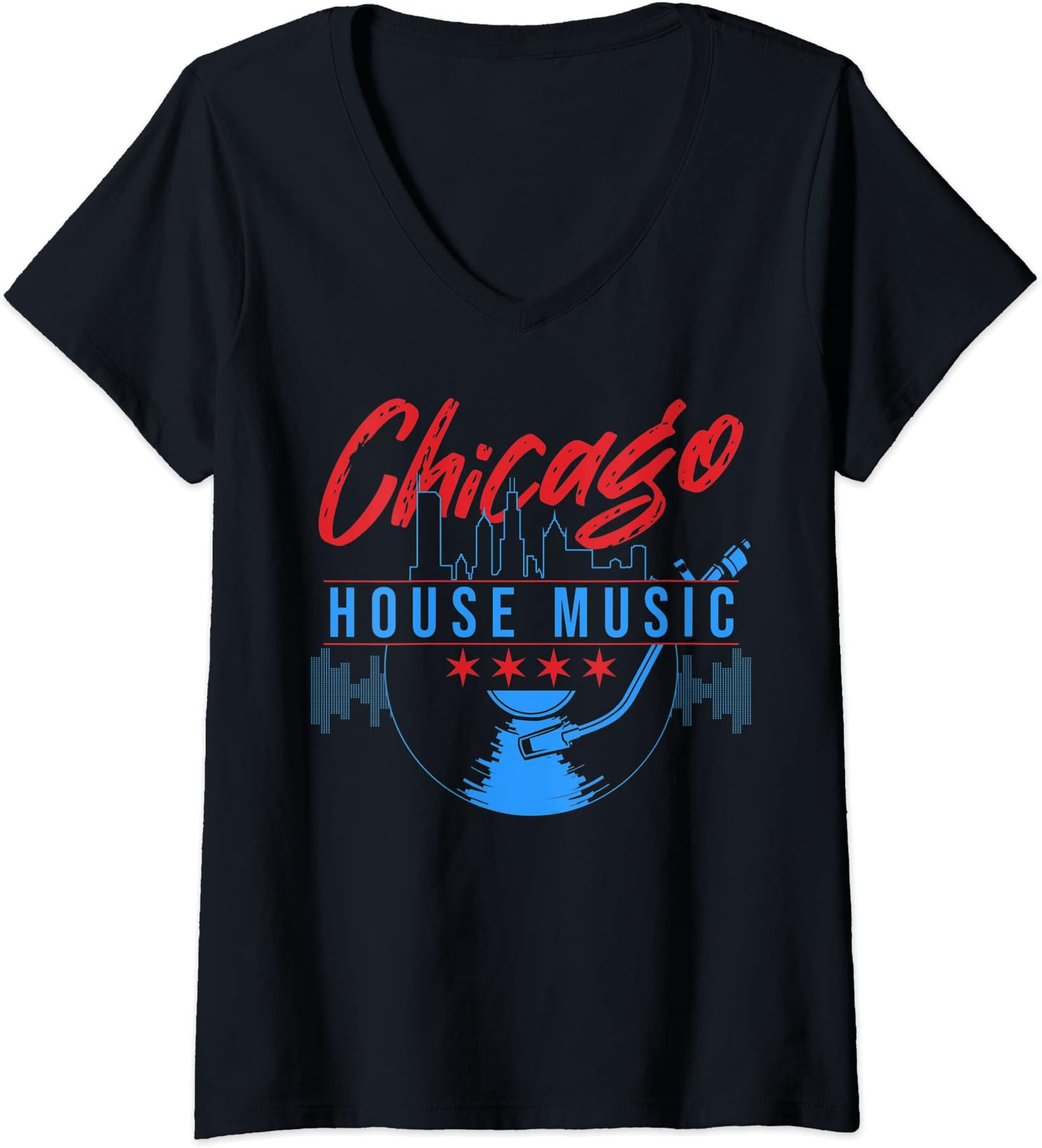 Chicago House Music Vinyl Dj Raver Flag SkylineWomens Chicago House Music Vinyl Dj Raver Flag Skyline Apparel V-Neck T-Shirt