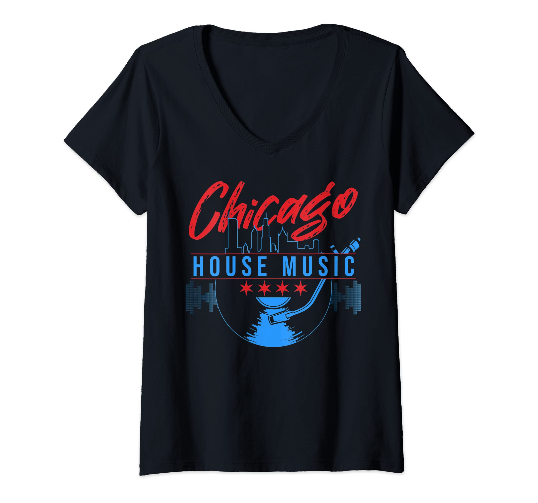 Chicago House Music Vinyl Dj Raver Flag SkylineWomens Chicago House Music Vinyl Dj Raver Flag Skyline Apparel V-Neck T-Shirt