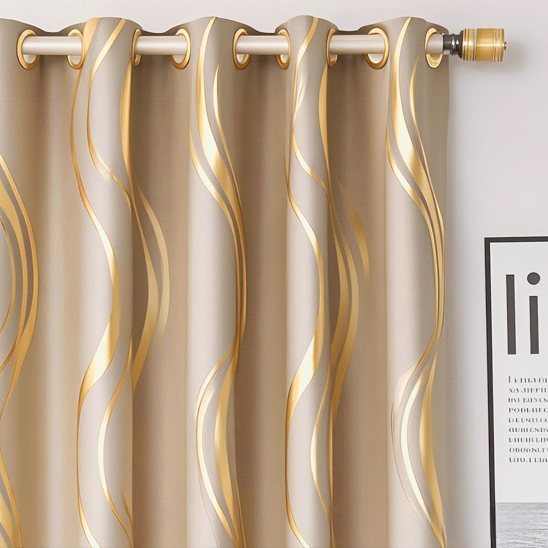 MYRU 2 Panels Set Luxury Striped Blackout Curtains for Bedroom Living Room (Khaki and Gold, 2 x 66x90 Inch)