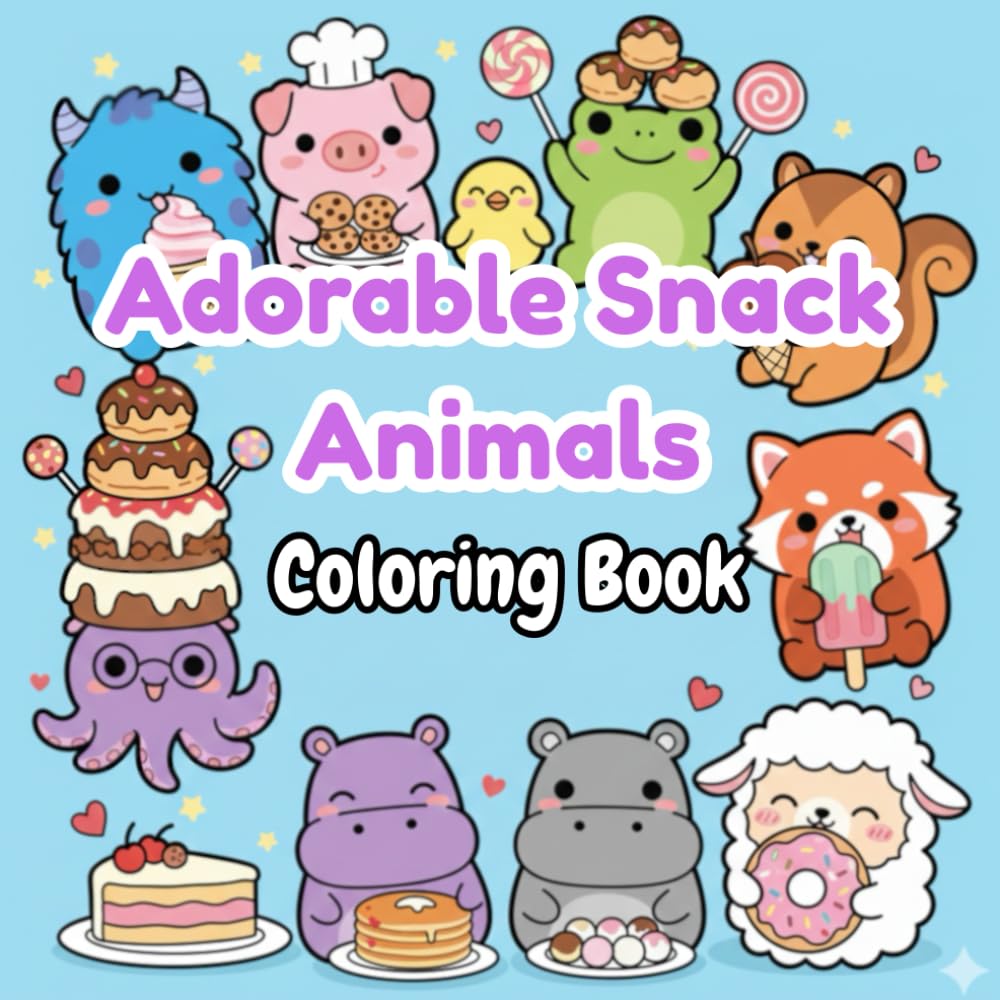 Adorable Snack Animals Coloring Book: Bold and Easy Cute Animal Coloring Pages with Fun Dessert and Snack Themes for Kids and Adults, Stress-Free ... Pages Featuring Dessert and Snack-Themed Fun