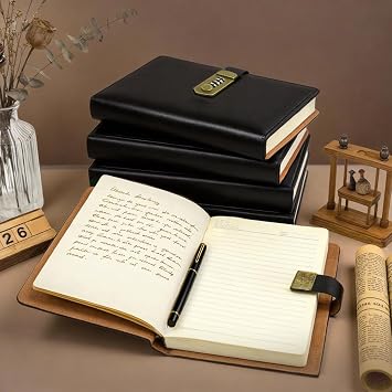 A5 Password Journal with Lock, 200 Pages with Pen and Gift Box Set, PU Leather Lockable Diary Notebook, 8.6 x 5.8 in, Ideal for Daily Journaling, Work, School, Men, Women & Students-Black