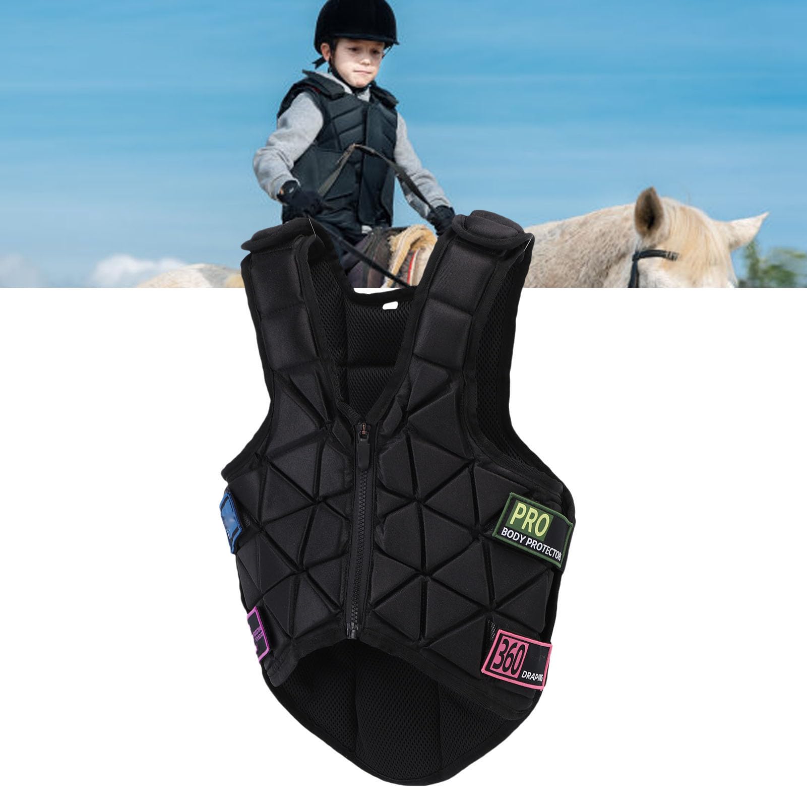 Cocoarm Chaleco para Montar a Caballo para Niños Chaleco Protector Ecuestre de Poliéster Cremallera Frontal Absorción de Golpes Forro Transpirable Ajuste Contorneado para Niños y Niñas Entrenamiento