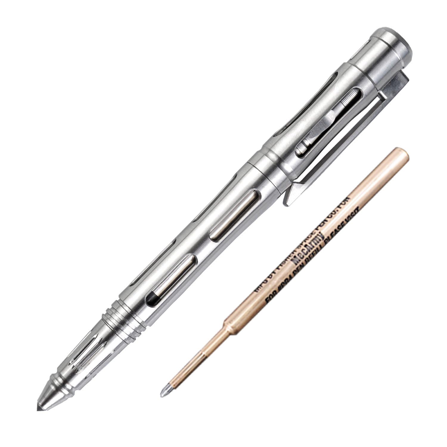 MecArmy TPX33 Titanium Tactical Pen with Tungsten Steel Glass Breaker for Self-Defence, Anti-roll concave-convex shell with Comfortable grip for Writing, Refill Pocket Clip included (Titanium Silver)