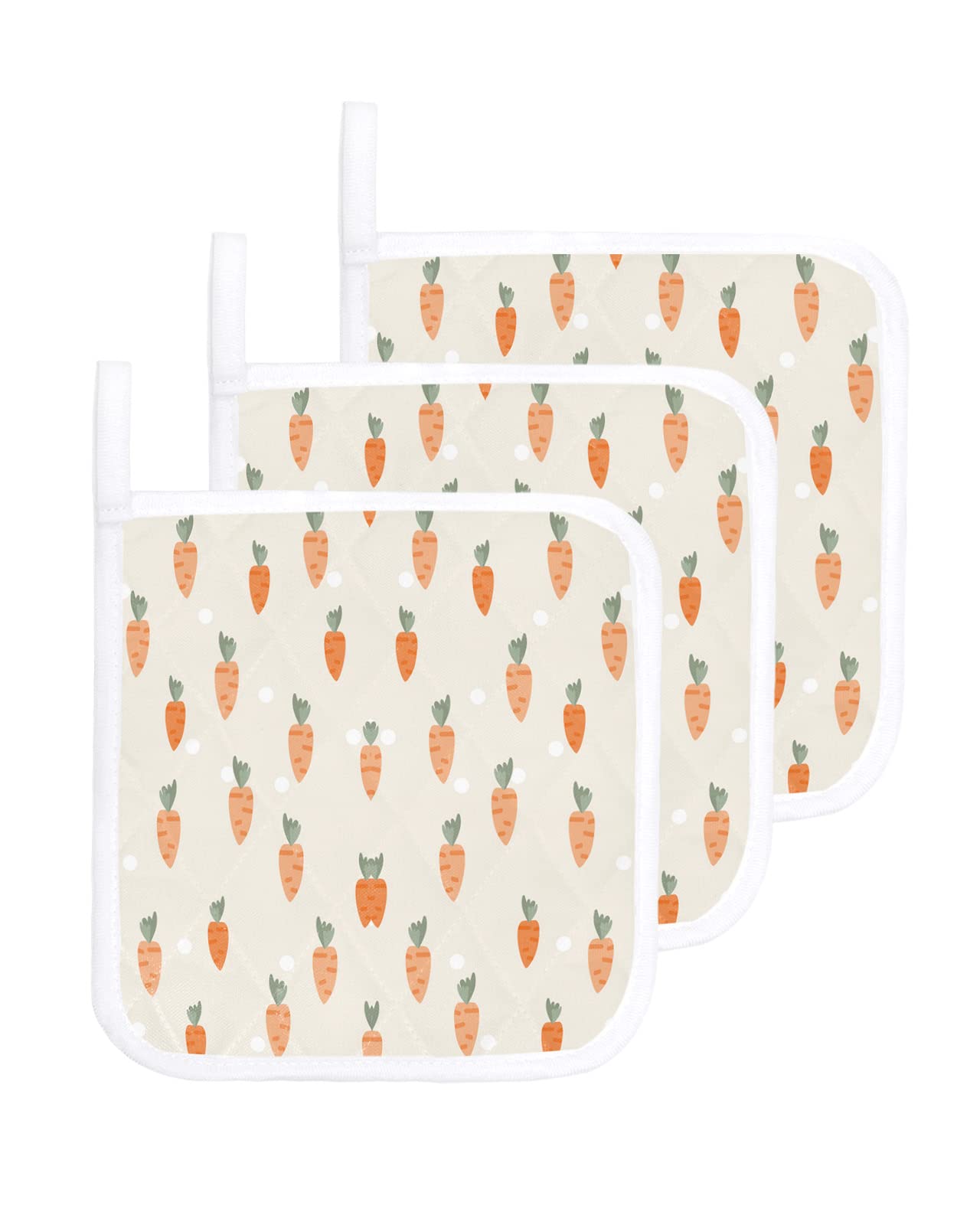 3 PCS Pot Holders with Hanging Loops, Easter Spring Carrot Tea Painting Heatresistant Potholders Coasters Mat for Kitchen Cooking Baking BBQ Beige Dots Filling