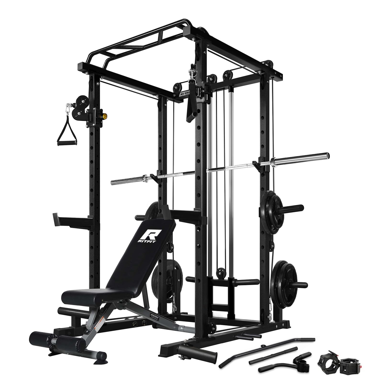 RitFit Power Cage with Optional LAT PullDown/Cable Crossover, 1000LB Squat Rack for Home & Garage Gym, with Weight Storage Rack and More Training Attachments, ASTM-Certified