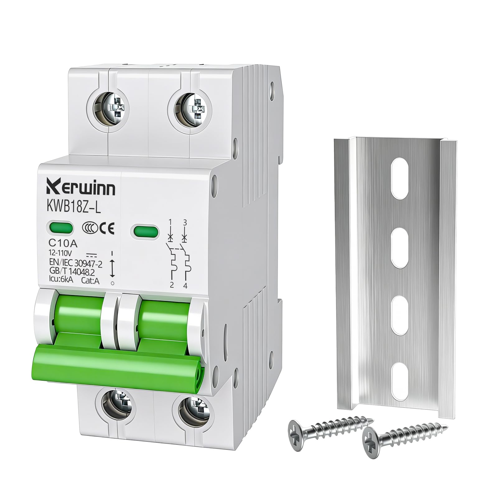 KERWINN DC Miniature Circuit Breaker 12V-110V Circuit Breaker 2Pole 10Amp Smart Circuit Breaker DIN Rail Mount for Battery Power Systems,Solar