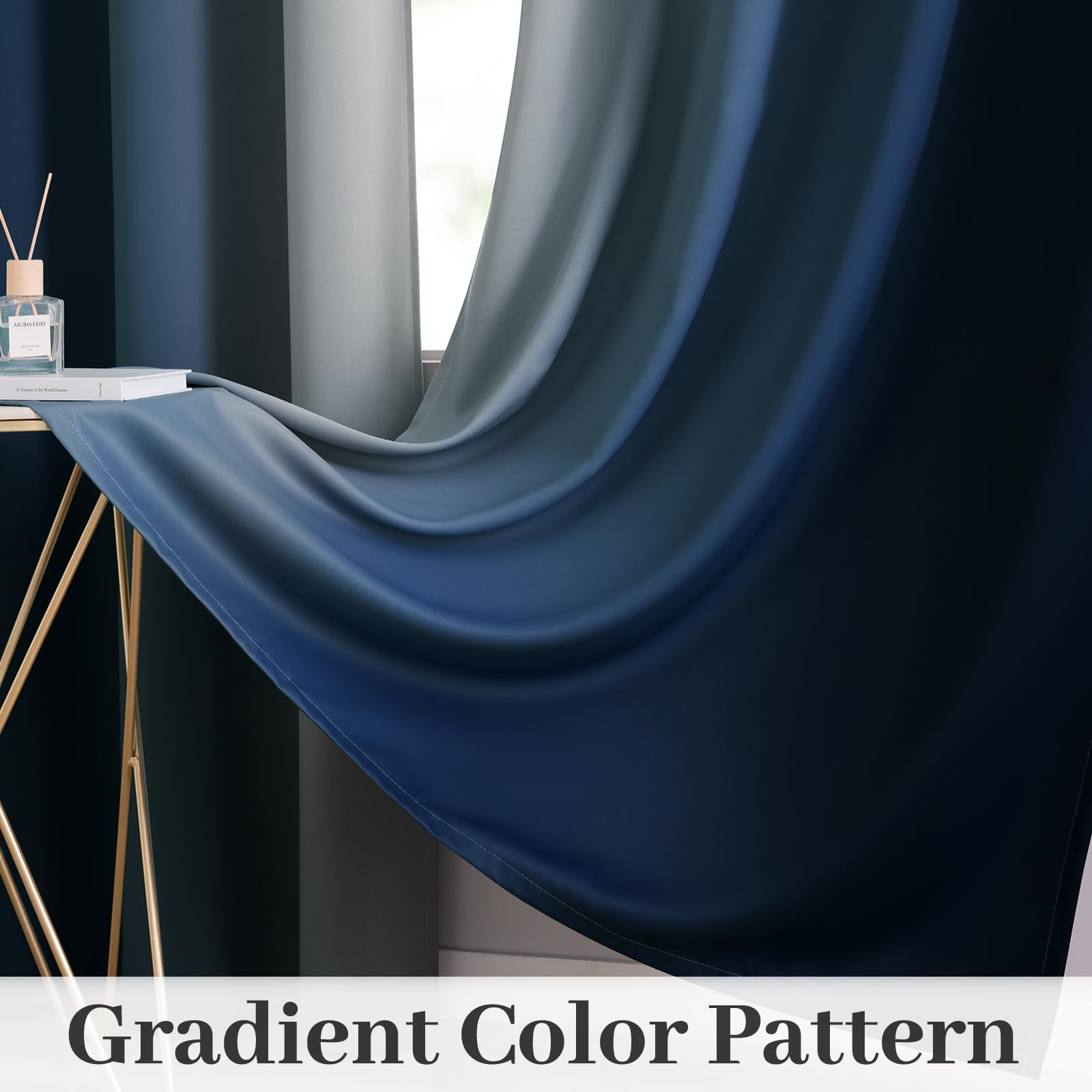 Yakamok 100 % Verdunkelungsvorhänge, 228,6 cm lang, Raumverdunkelung, Blau, Ombré für Schlafzimmer, Ösen, wärmeisoliert, Farbverlaufsvorhänge für Wohnzimmer, 2 Bahnen, 132,1 x 228,6 cm, Blau