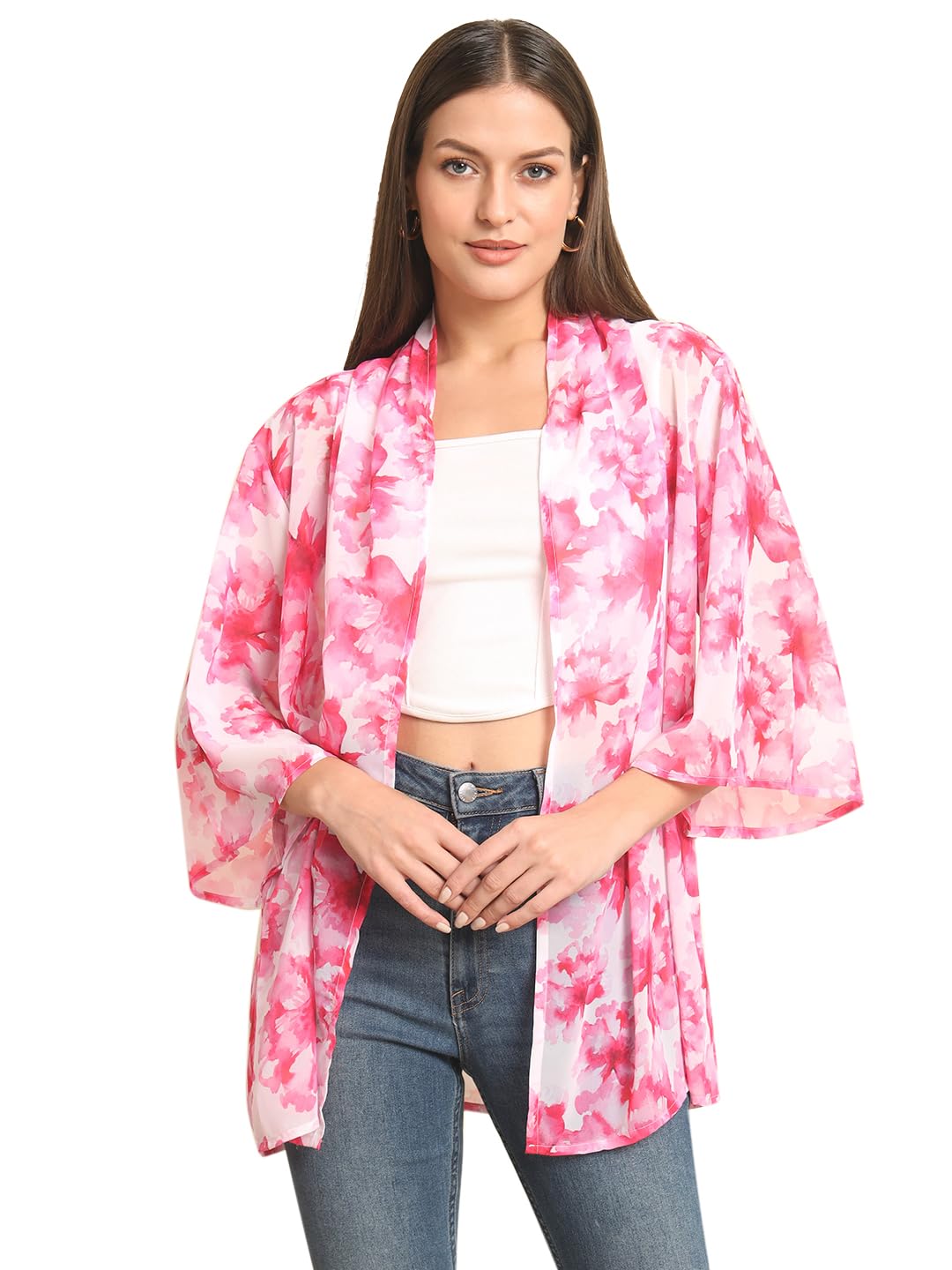 Pink Floral Printed Shrug-image-0