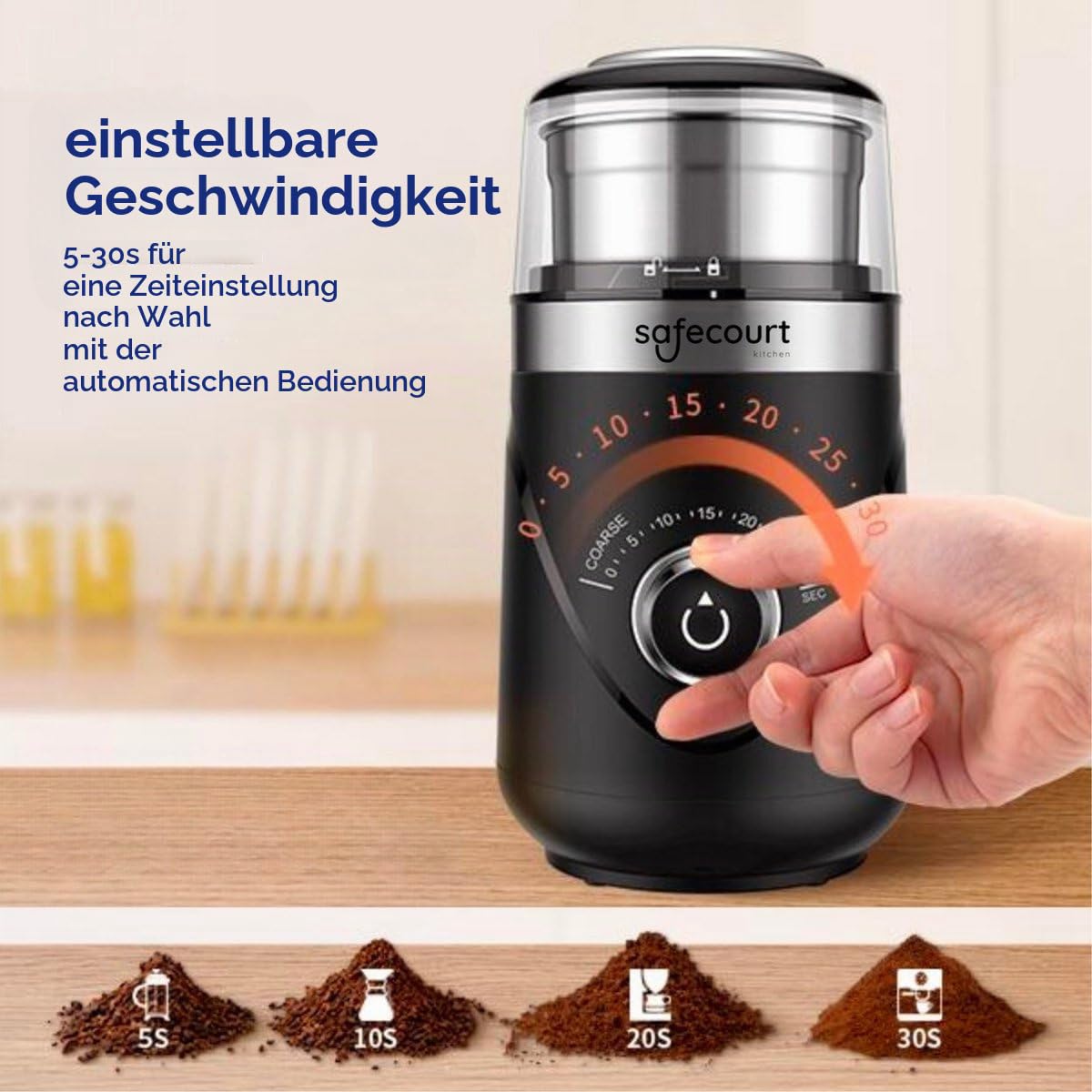 Safecourt Kaffeemühle Elektrisch, Automatisch getaktetes Präzisionsmahlwerk,Gewürzmühle mit Edelstahlklingen für Kaffeebohnen, trockene Zutaten, leises Mahlen, 80g abnehmbar