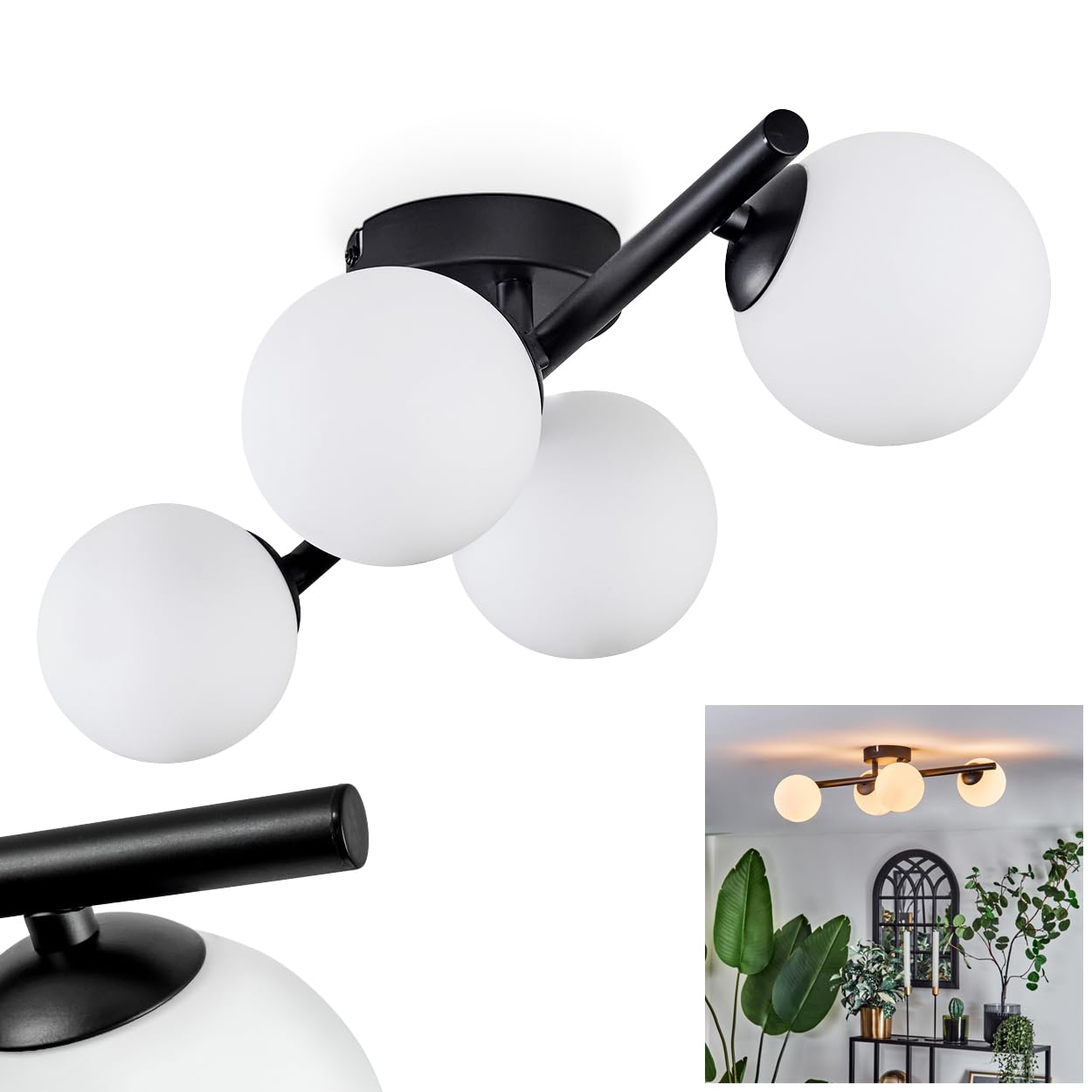Hofstein Light/Black/White Chehalis Ceiling Ceiling Lamp Made Of Metal/Glass In /, Luminaire In Modern Retro/Vintage Design With Glass Shades (Ø 10 Cm), 4 X G9, Without Bulbs