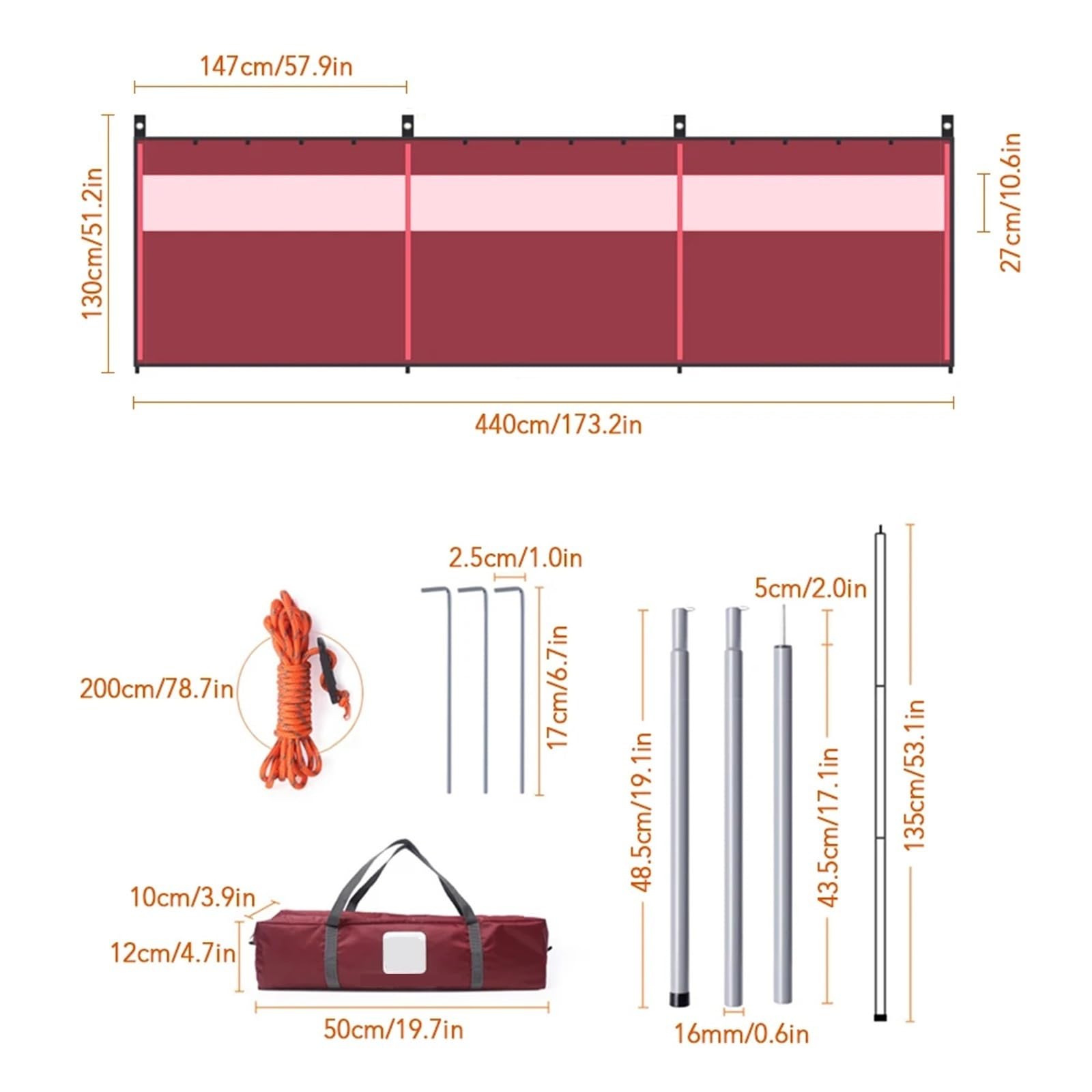 Paravento da Spiaggia Frangivista Parabrezza Pieghevole for Campeggio all'aperto, fornello a Gas, Riparo dal Vento, Parete frangivento con 12 Ganci for Escursionismo, Picnic, Barbecue(Red)