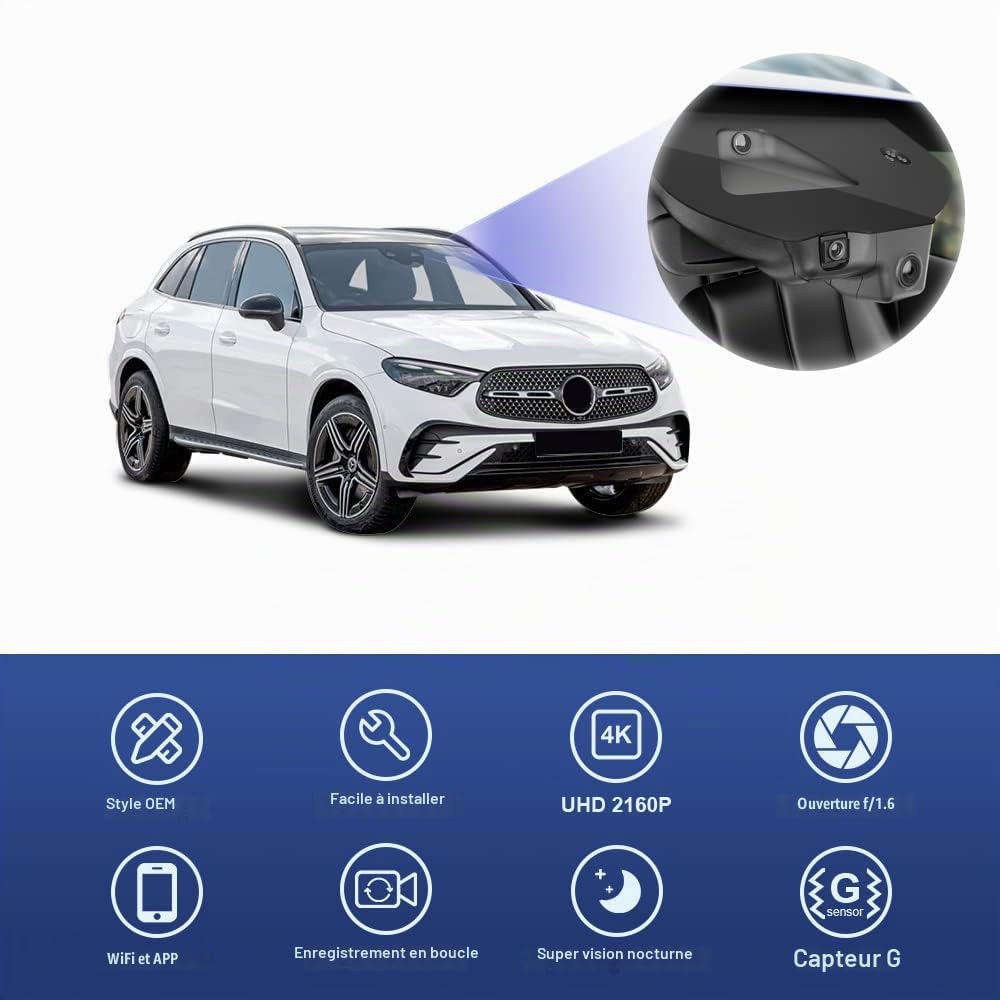 Fitcamx Dashcam 4K Compatible avec Mercedes-Benz GLC X254 2nd Gen 2023-2026 (HD2-6595), Caméra de Voiture OEM 2160P Video WiFi, G-Senseur, Enregistrement en Boucle, WDR Dashcam, Plug&Play, Carte 64 Go