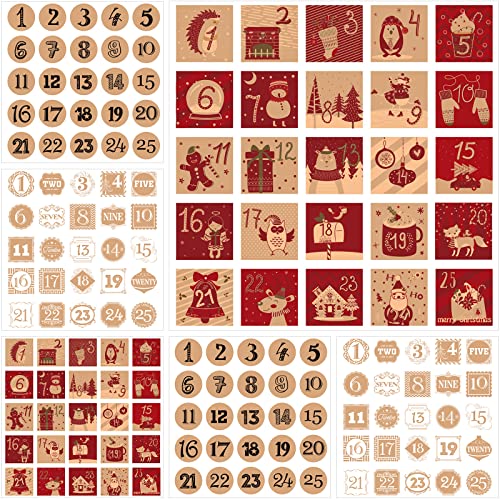 6 Feuilles Autocollants de Numéros de Calendrier de l'Avent de Noël, Stickers de 25 Jours de Calendrier de Compte à Rebours de Noël Étiquettes de Boîtes de Noël, 1,6 Pouces (Style Kraft) Cover