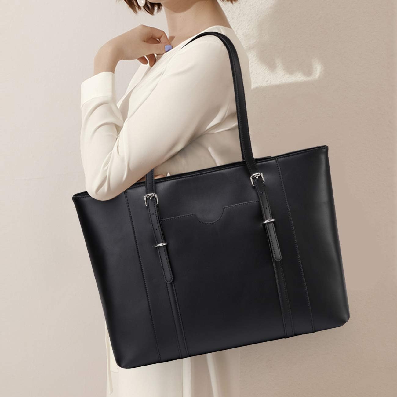 Laptop Tote Bag for Women, PU Leather Water Resistant Travel, Work,Teacher Tote Bag Fits 15.6 inch Laptop - Image 2