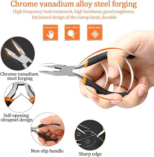 Miniatura 3 de SOONAN 5 Piezas Alicates Mini, Juego de Herramientas Duraderas Cortadores de Cables Punta de Aguja Larga, Nariz Larga, Alicate de Punta Curvada,