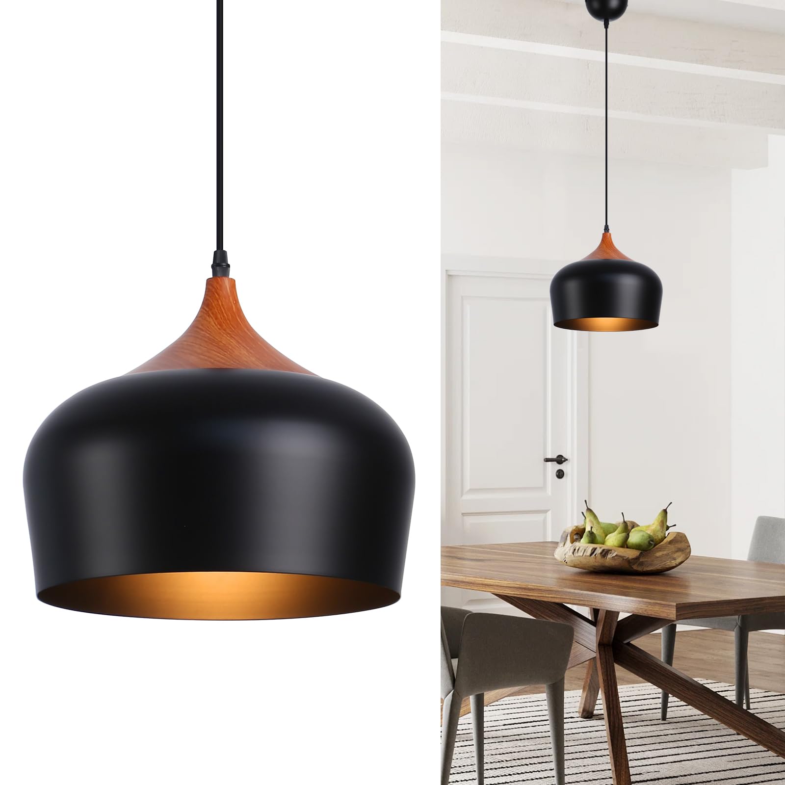 Alpinaluz Lámpara Colgante Moderna – Pantalla de Acero Negro Mate Ø35 cm con Acabado en Efecto Madera – Casquillo E27 – Iluminación Elegante para Cocina, Comedor y Salón
