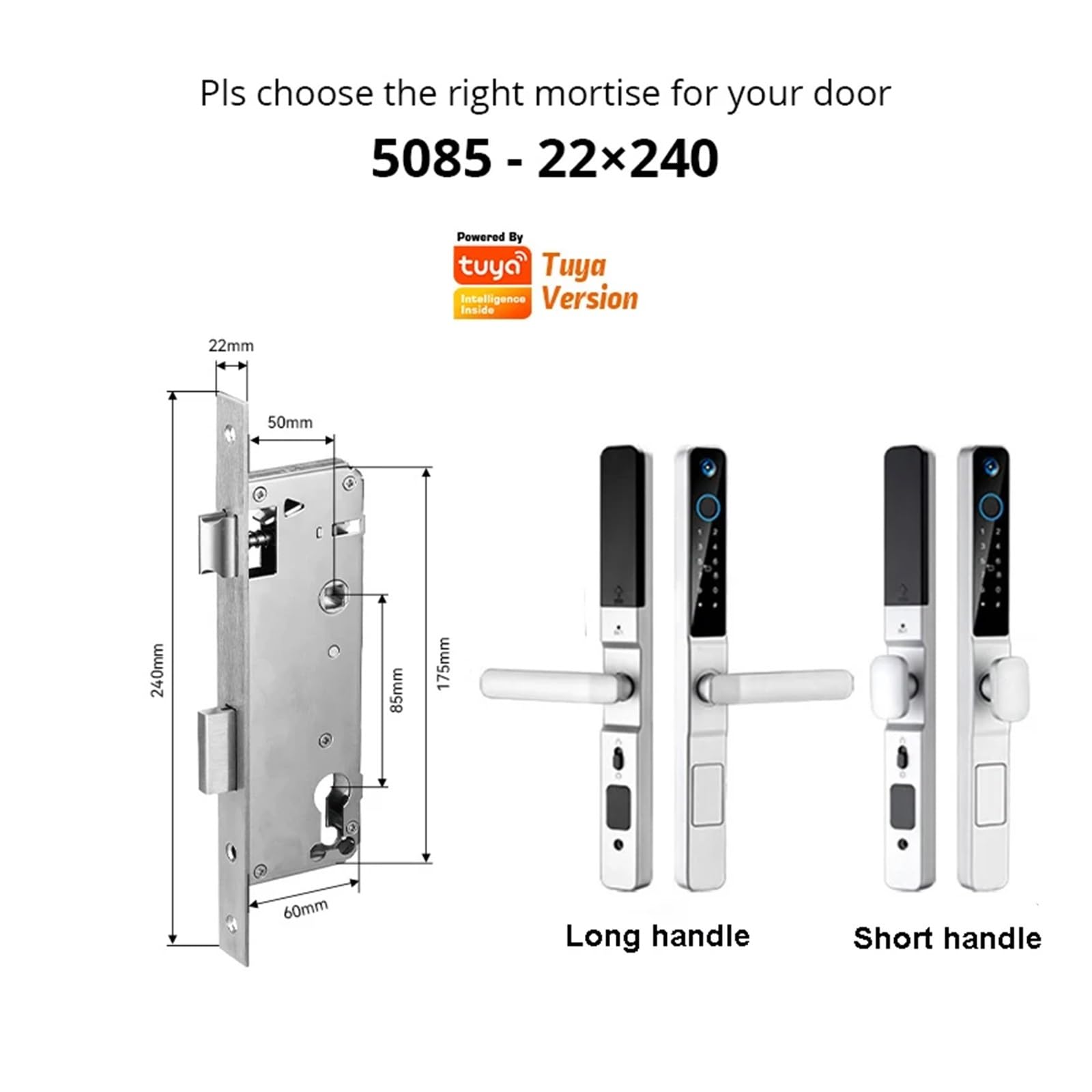 Smart Lock WiFi Tuya Impermeabile, con Fotocamera for Porta Scorrevole in Vetro in Alluminio con Impronta Digitale biometrica, Serratura Elettronica Esterna(Siliver 5085,Long Handle)