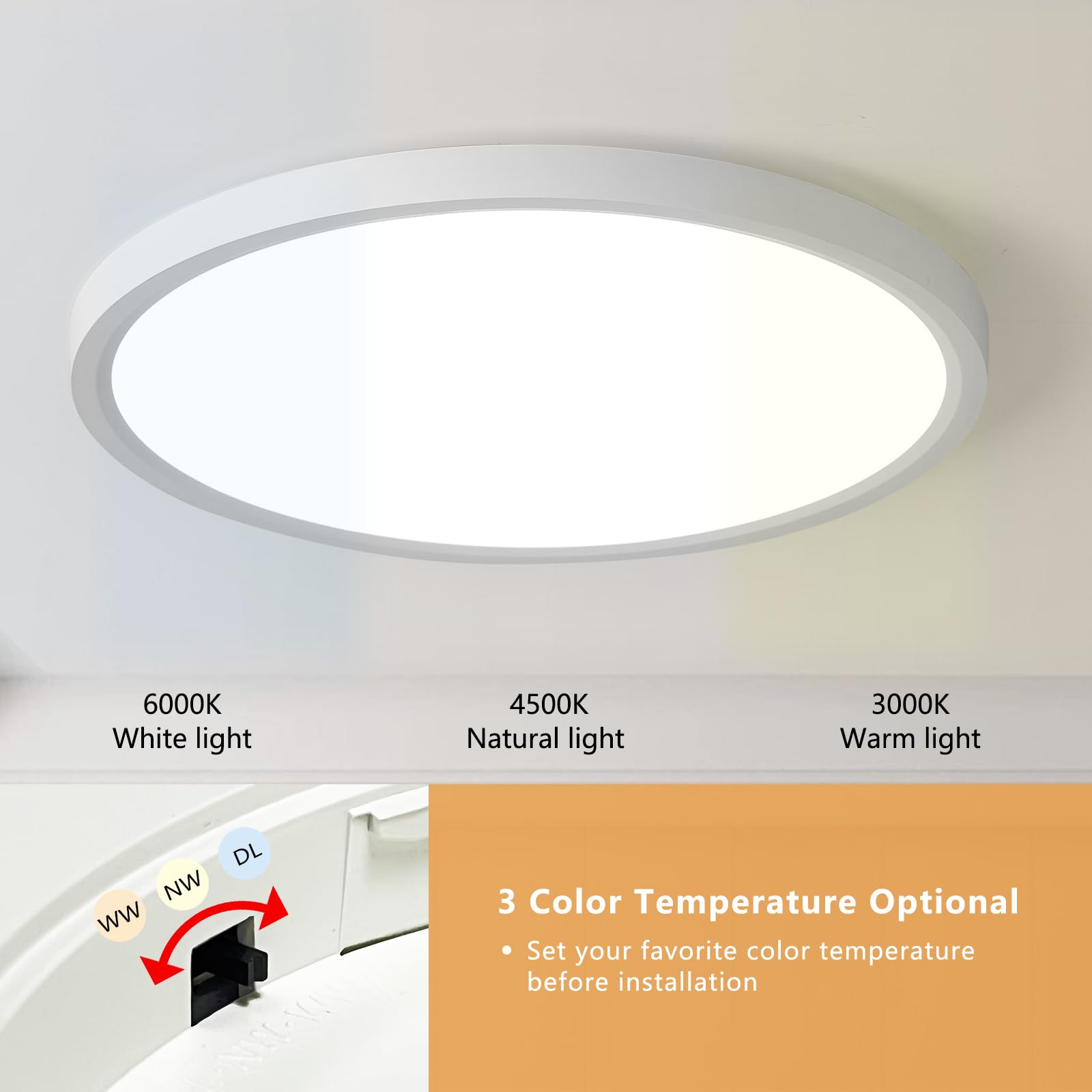 Lámpara de techo LED empotrada de 20 pulgadas, 40 W, 4350 lm, 3000 K/4000 K/6000 K CCT seleccionable, luz de panel plano redondo superdelgado para sala de estar, dormitorio, cocina