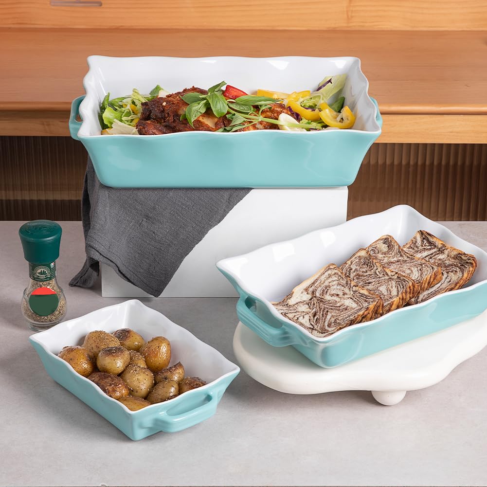 Set 3 Pirofile In Ceramica Sweejar: Rettangolari Con Manici E Bordo Ondulato – Turchese, Impilabili E Lavastoviglie