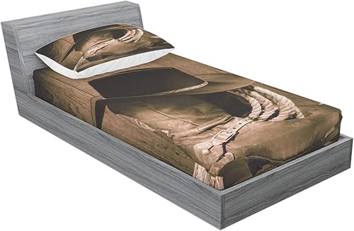Miniatura 2 de Ambesonne Juego de sábanas bajeras y fundas de almohada occidentales, sombrero de vaquero con temática del salvaje oeste y cuerda de ganadería vieja
