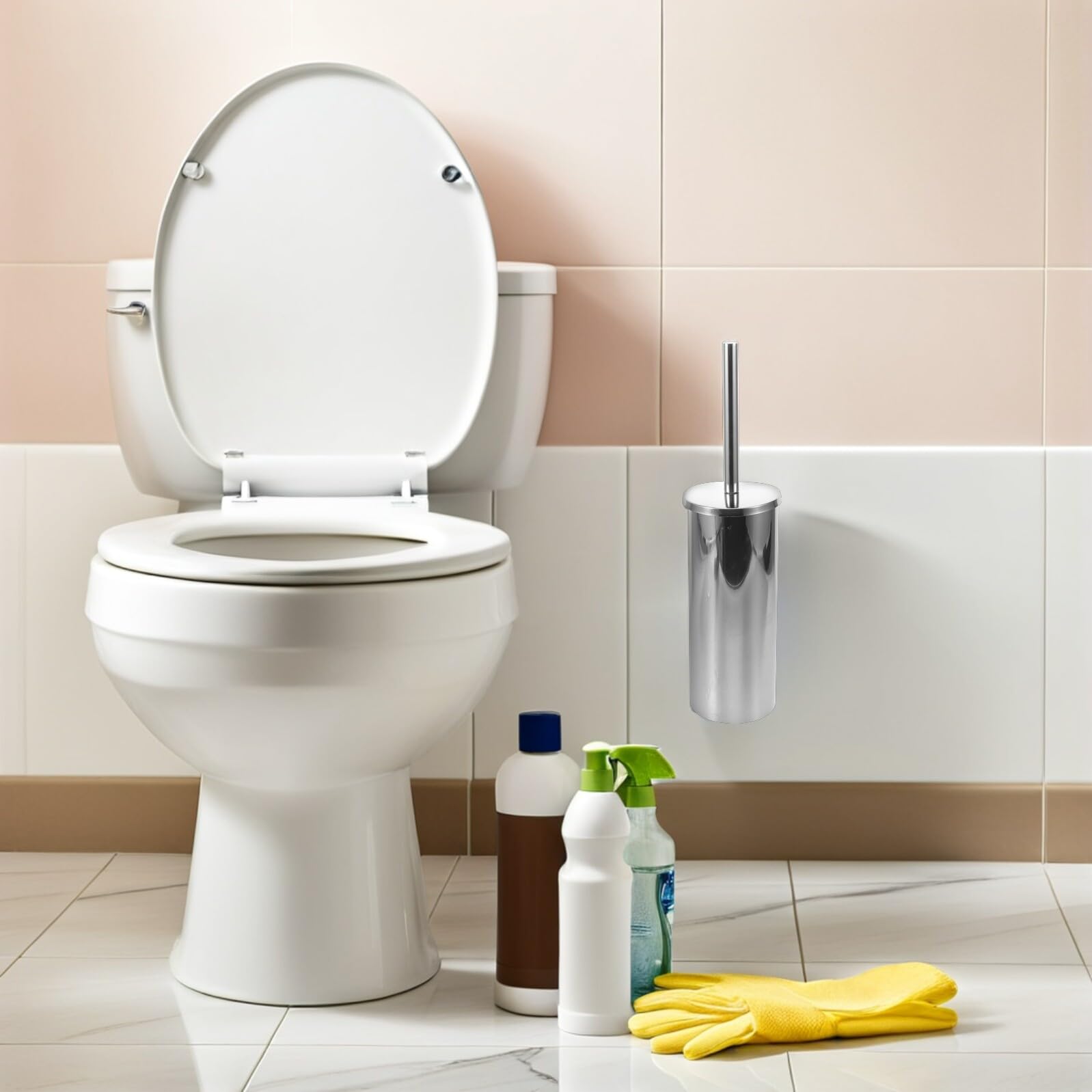 IMIKEYA Escobilla de Inodoro de Montaje en Pared de Acero Inoxidable Soporte Antigoteo, Cepillo de Baño Plateado de Mango Largo para Limpieza Profunda, Kit para Baño Hogar y Oficina