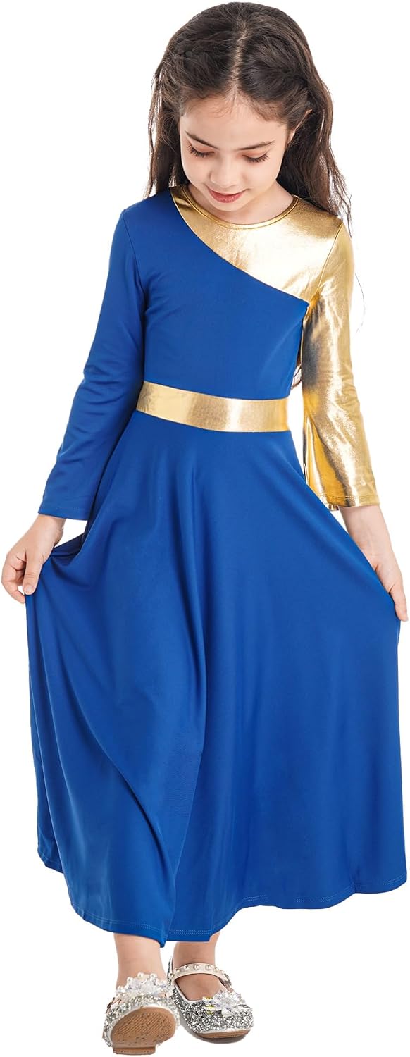 iEFiEL Girls Metallic Praise Dance Dress Long Sleeve Full Length Liturgical Worship Tunic Dress Church Choir Outfit