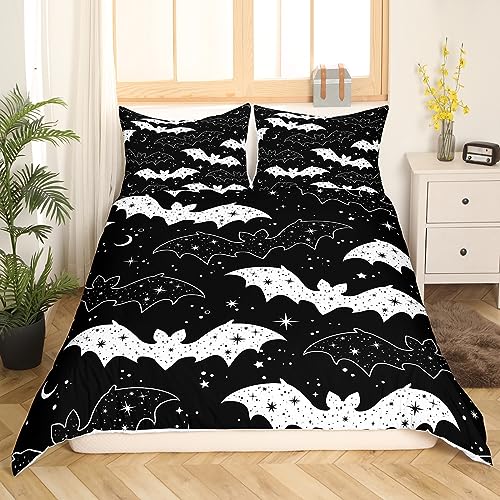 Bat Duvet Cover Set Halloween Bedding Set for Kids Boys Girls Star Moon Print Comforter Cover Set Microfiber White Black Bedspread Cover Bedroom Bedclothes Single - Image 3