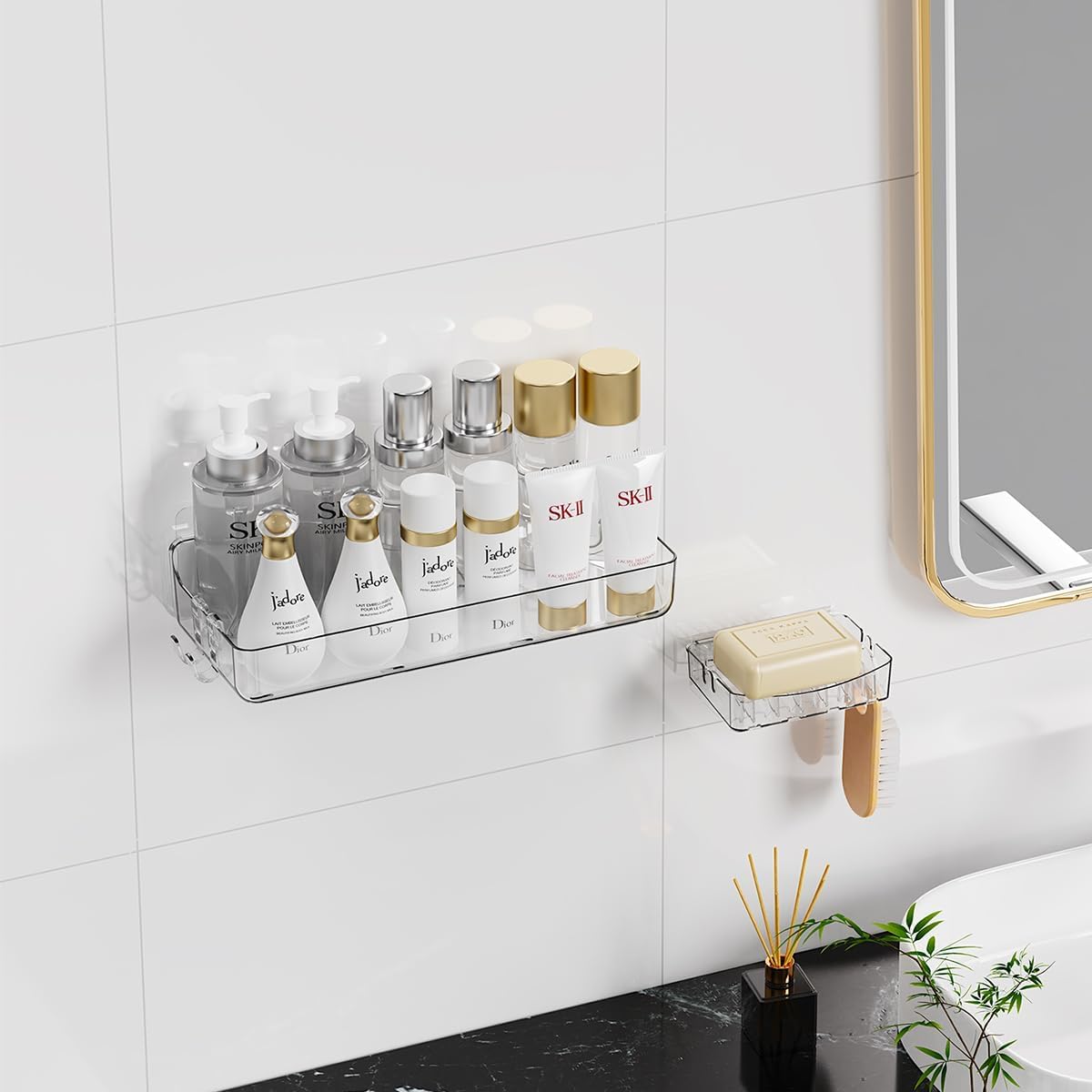 Sotfamily Clear Shower Caddy, Acrylic Wall Mounted Shower Shelves with Soap Dish & Adhesive Pads for Bathroom Organizers and Storage, No Drill Shower Caddies for Bathroom Decor
