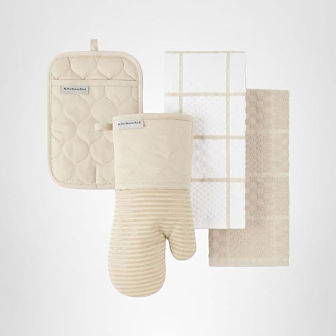 KITCHENAID Quilted Cotton Terry Cloth Oven Mitt, Pot Holder, Kitchen Towel 4-Pack Set, Heat Resistant, Silicone Grip, 16"x26", 7"x13" & 7"x10", Milkshake