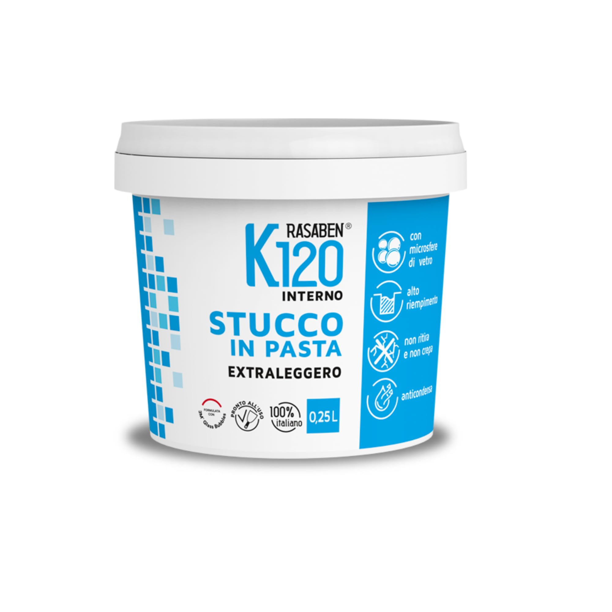 RASABEN - Stucco in Pasta K120 Extra leggero con Microsfere di Vetro, per Finiture, Pronto all'Uso, Alto Riempimento, Anticondensa, Non Ritira o Crepa, per Interno, Made in Italy, Barattolo da 0,25L