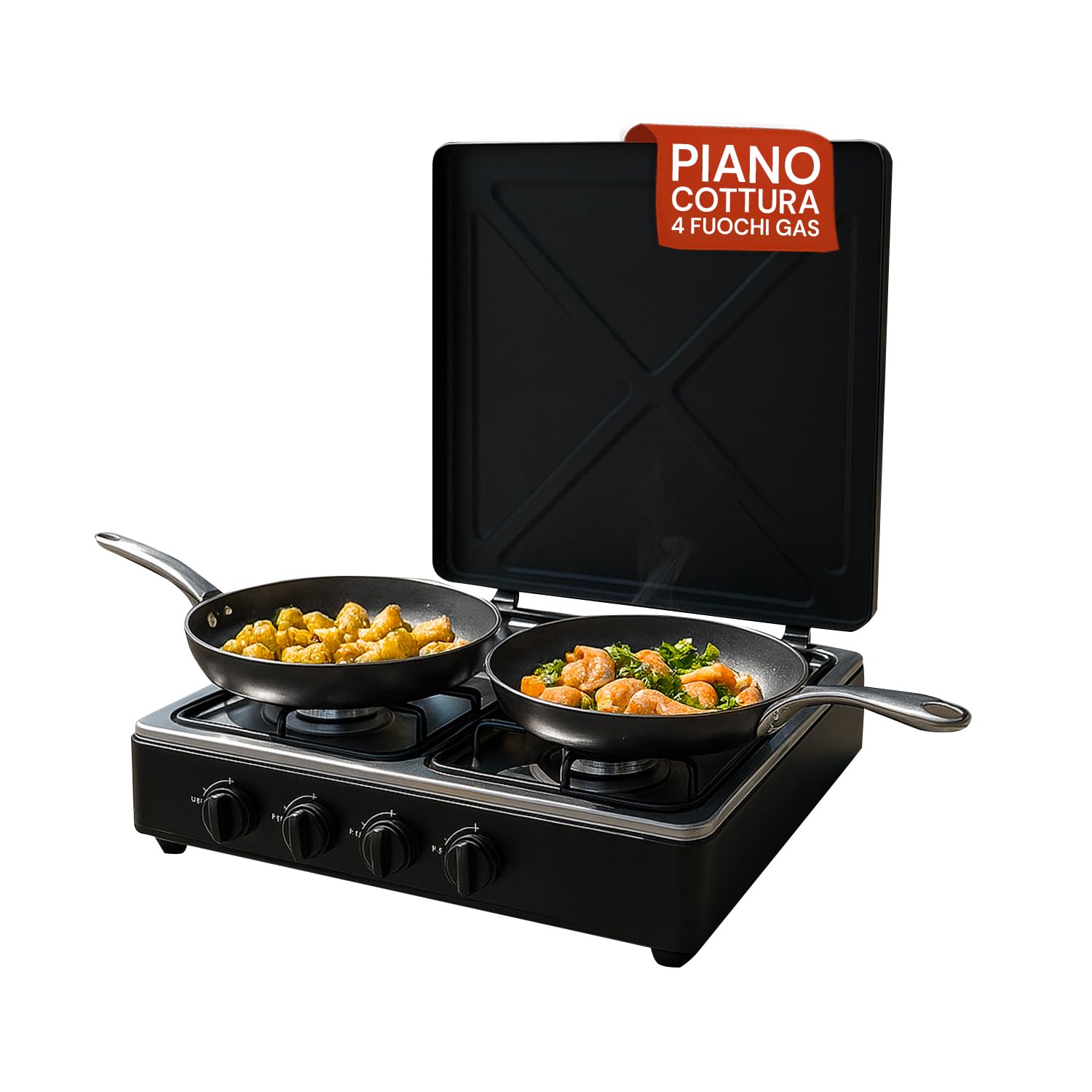 Avilia - Piano Cottura 4 Fuochi Gas Professionale con Griglia Rinforzata in Acciaio per Uso Interno ed Esterno, Facile da Usare, Ideale per Campeggio e Cucina Outdoor