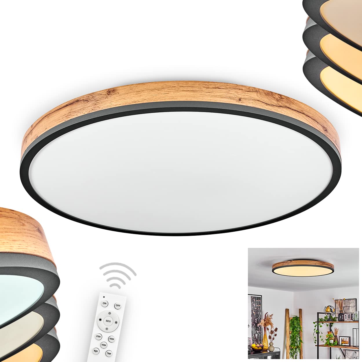 LED Deckenleuchte Salmi, Deckenlampe aus Metall/MDF/Kunststoff in Schwarz/Holzoptik/Braun/Anthrazit/Weiß, dimmbar m. Fernbed., Ø60 cm, 400-3500 Lumen, 2700-4000-6000 Kelvin, 1 x LED 40W (inkl.) IP20