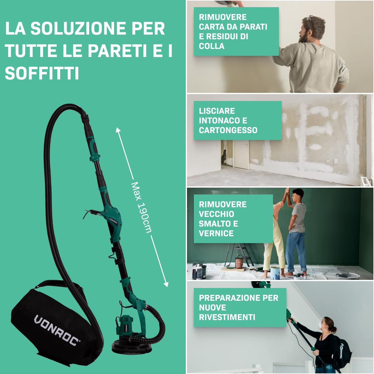 VONROC Levigatrice per Cartongesso Elettrica con Aspirazione – Manico Telescopico – Velocità Variabile – Per Pareti e Soffitti – Ideale per Fai‑da‑Te e Ristrutturazioni Domestiche