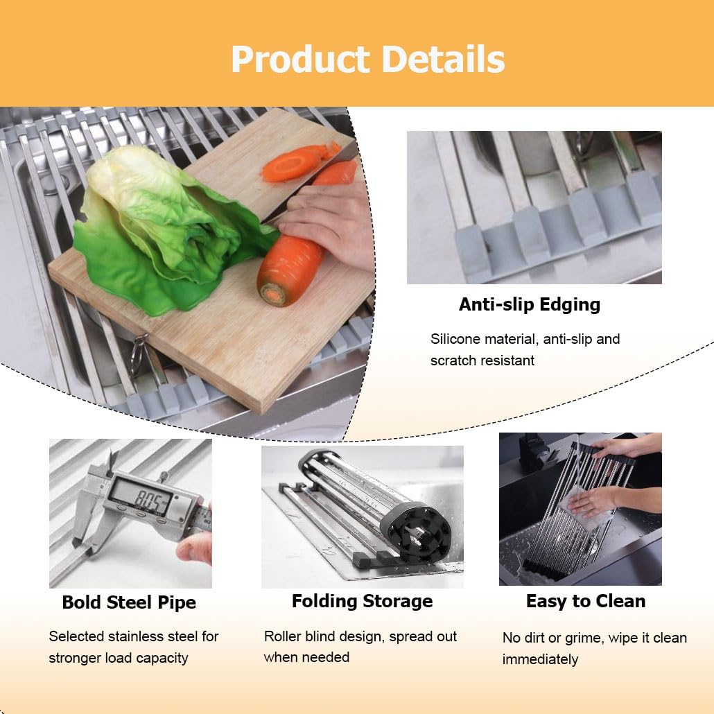 Escurridor plegable enrollable de acero inoxidable para fregadero de cocina, se adapta a 37-52 cm (gris, 43 x 43 cm), ahorra espacio