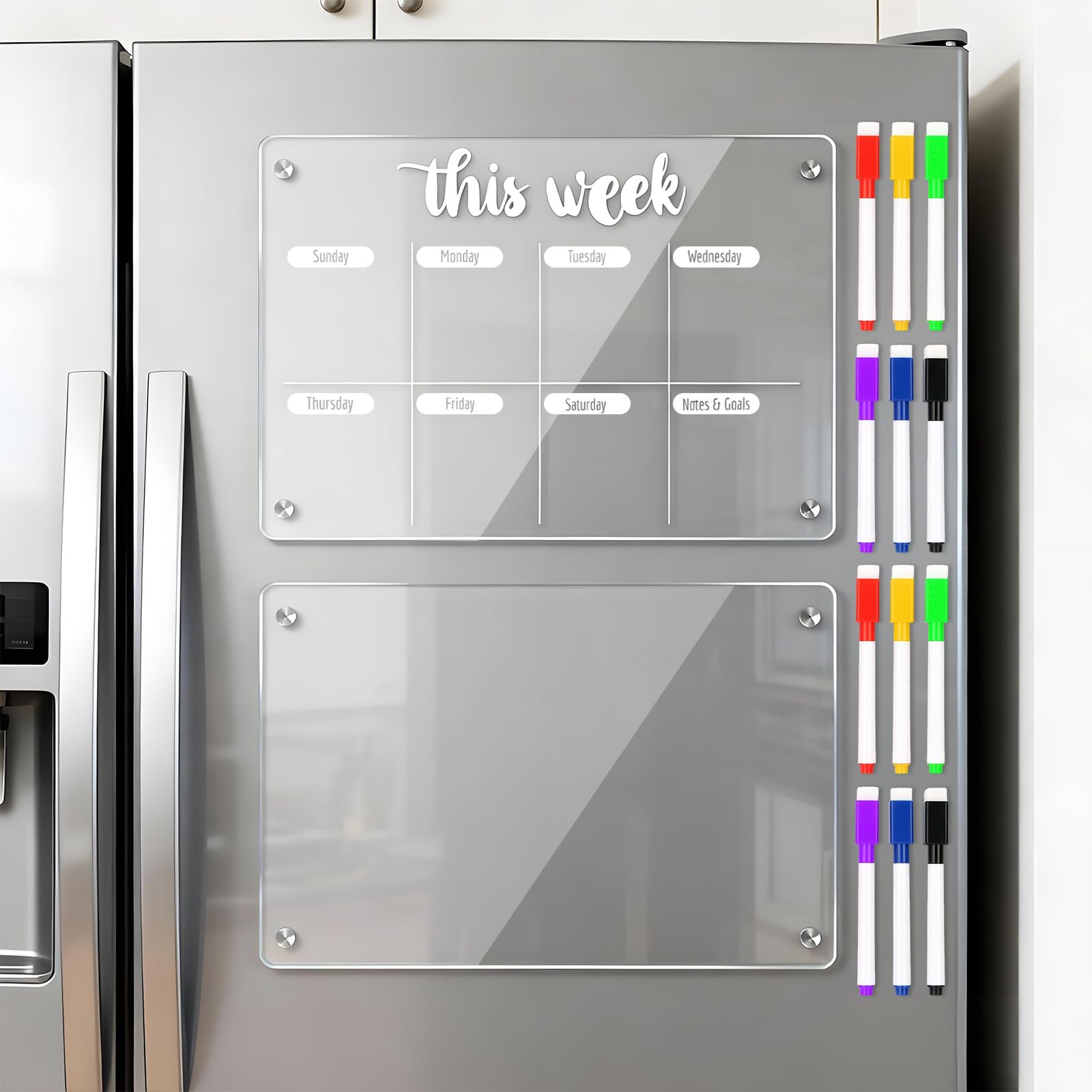 YOUNGSAY 2 Pcs Weekly Planner Magnetique Frigo Transparent A4 Effaçable Tableau Frigo Magnétique avec 12 Marqueurs