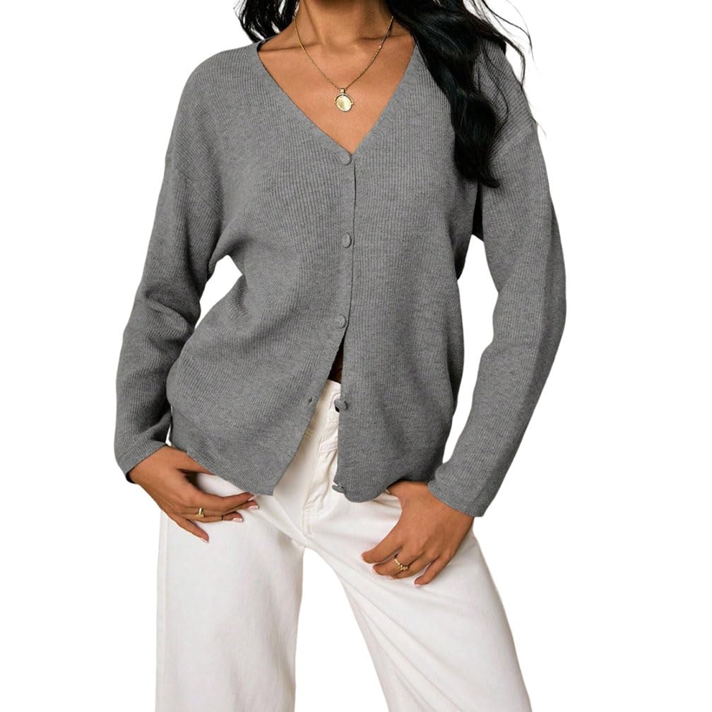 Women Henley Button Down Cardigan Elegant Long Sleeve Loose Fit Ribbed V Neck Knit Pullover Sweater Streetwear