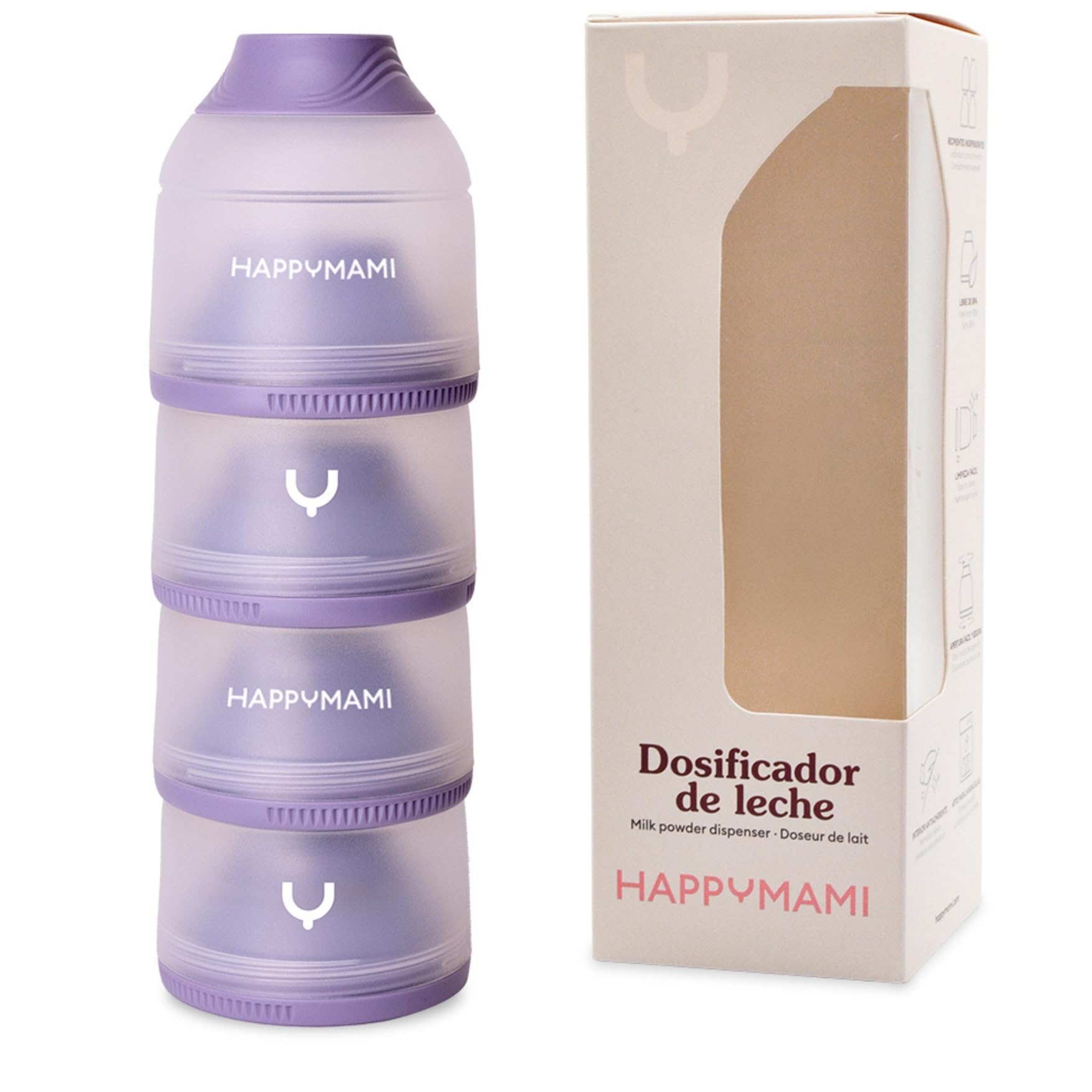 Happymami, Dosificador de Leche en Polvo o Cereales, 4 Compartimentos Portátiles de 360ml cada uno, Fácil de Llevar, Apertura Sencilla, Superficie Interior Antiadherente