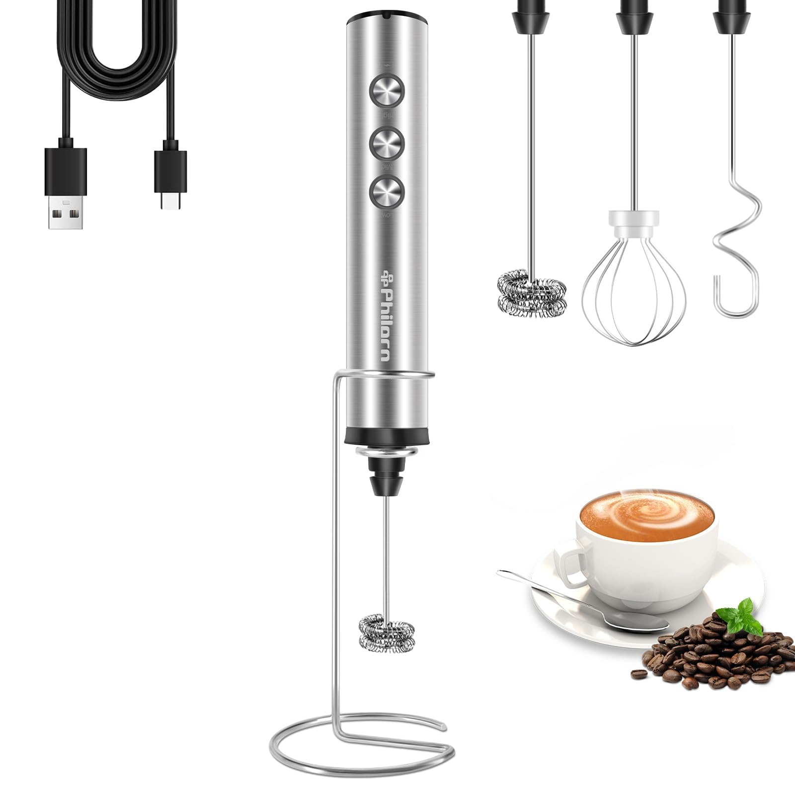Philorn Milk Frother with Stand, Coffee Frother Rechargeable, Handheld Frother Wand for Coffee with 3 Heads 3 Speed, Drink Mixer Handheld Electric Stirrer for Latte, Cappuccino, Matcha, Almond Milk