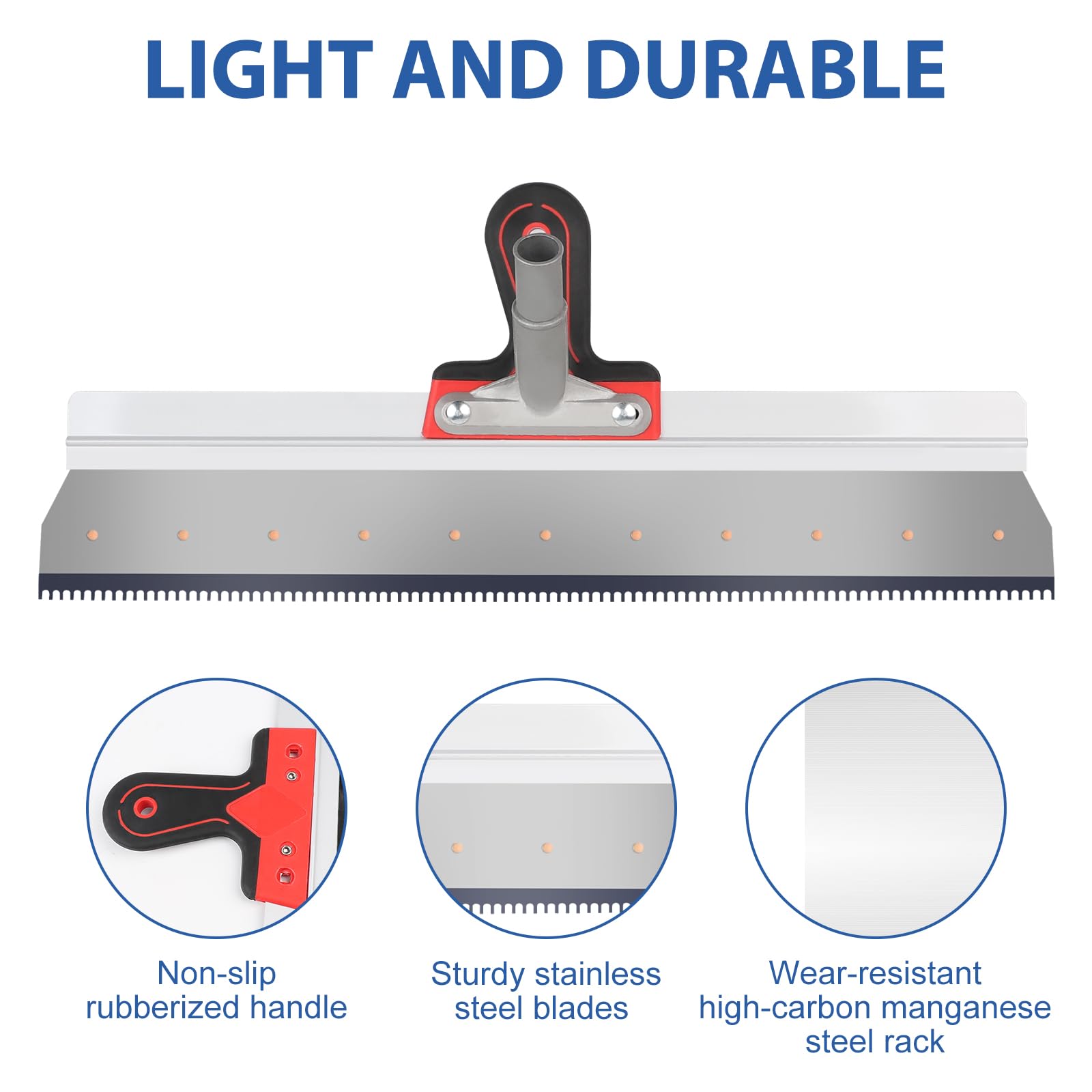 CPORSP Raclette Dentée Aciers Inoxydables 560mm, Platoir Denté avec Poignée Souple, Gants et Adaptateur, pour revêtements de sol/masse de compensation, résine époxy, raclette de surface, outil parfait