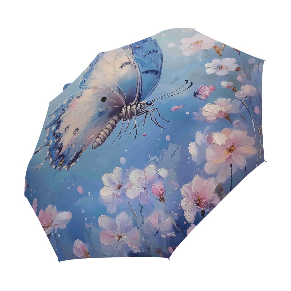 Ombrello da viaggio pieghevole con disegno a olio e farfalla blu, ombrello da viaggio, compatto, antivento, impermeabile, con protezione UV, rivestimento nero, leggero, 8 costine, portatile