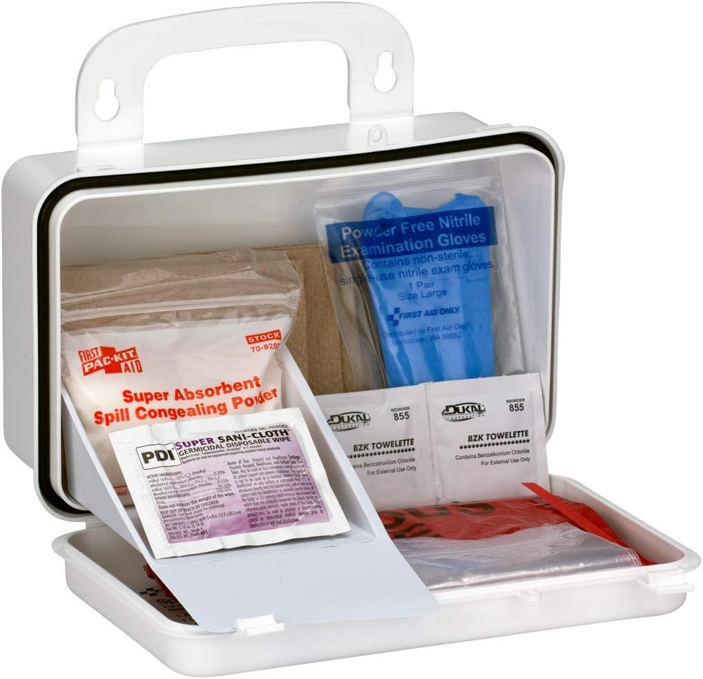 First Aid Only 6021 21-Piece Body Fluid Clean Up Kit, Commercial Cleaning Equipment for Spills in Weatherproof Plastic Case, White