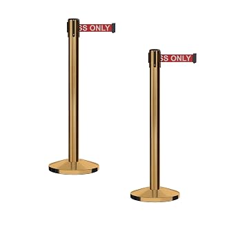 Crowd Control Warehouse CCW Series RBB-150 - Set of 2 Stanchion Retractable Belt Barriers - 16 Foot, RED"Authorized Access ONLY" White Letter Belt with Satin Brass Steel Post - Easy Assembly