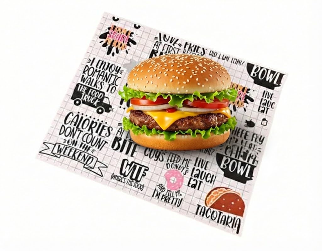 1000 Feuilles Papier Ingraissable Alimentaire 28x34cm – 40g/m² – Emballage Design pour Burgers, Tacos, Sandwichs & Kebabs – Papier Antigras Résistant pour Restauration Rapide & Food Truck