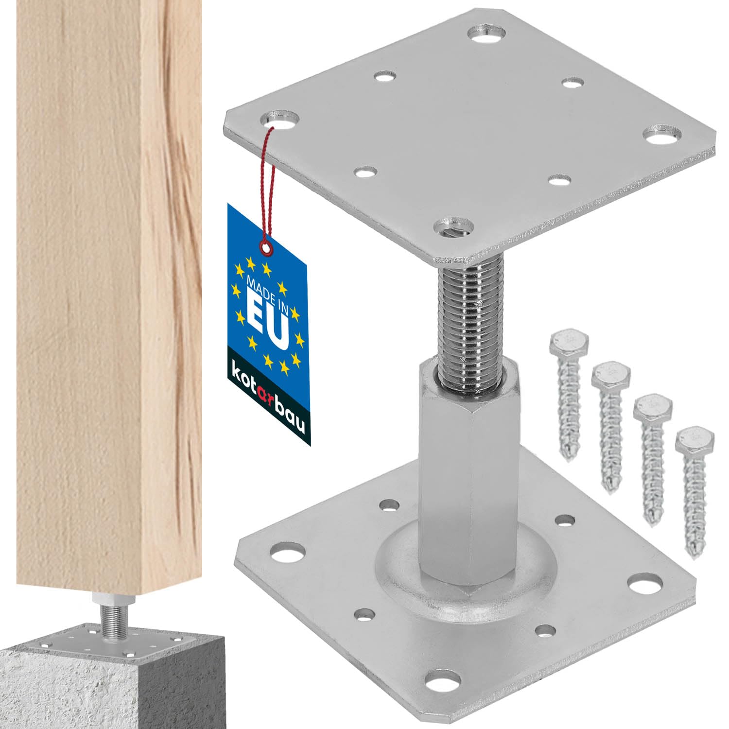 KOTARBAU® Fence Post Support - Post Base - Galvanised Steel - 110x110 mm (4.33x4.33 inches) - Silver - Adjustable Height 90–150 mm (3.54–5.91 inches) - Heavy Duty