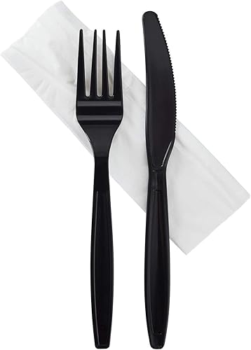 Karat [ 500 unidades] Juego de cubiertos de plástico PP envuelto en negro con servilleta (cuchillo, tenedor, servilleta de 1 capa) U2207B