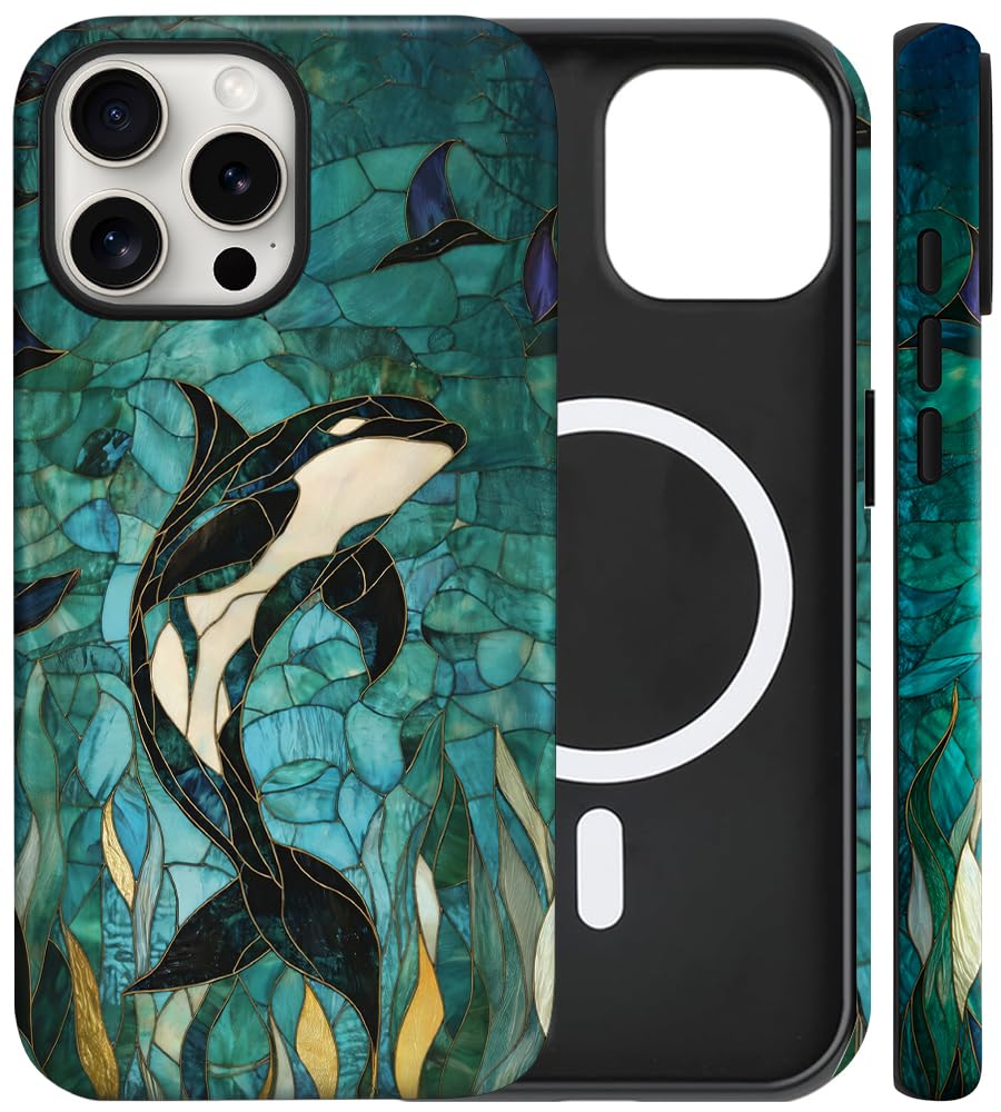 Magnetic for iPhone 12 Pro Max Cute Beachy Art Phone Case, Majestic Orca | Stained Glass Whale Shockproof Slim TPU+Hard PC Protective Phone Case, Compatible with MagSafe Gift for Women Girls Majestic Orca iPhone 12 Pro Max